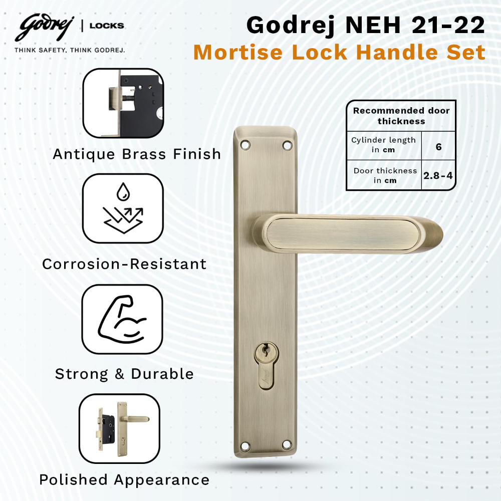 Godrej Mortise Lock|Handle Lock Set for Main & Internal Door of Home & Offices|NEH 21|Antique Brass Finish|8 inch Lockbody|60 mm Cylinder Key from Outside knob from Inside with 3 Keys|5 Years Warranty